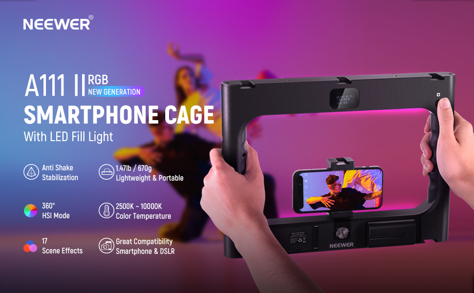 ریگ گوشی، لرزشگیر دوربین و موبایل و کیت محتوا سازی نیور به همراه نو LED مدل NEEWER RGB-A111 II Smartphone Video Rig with Light Kit