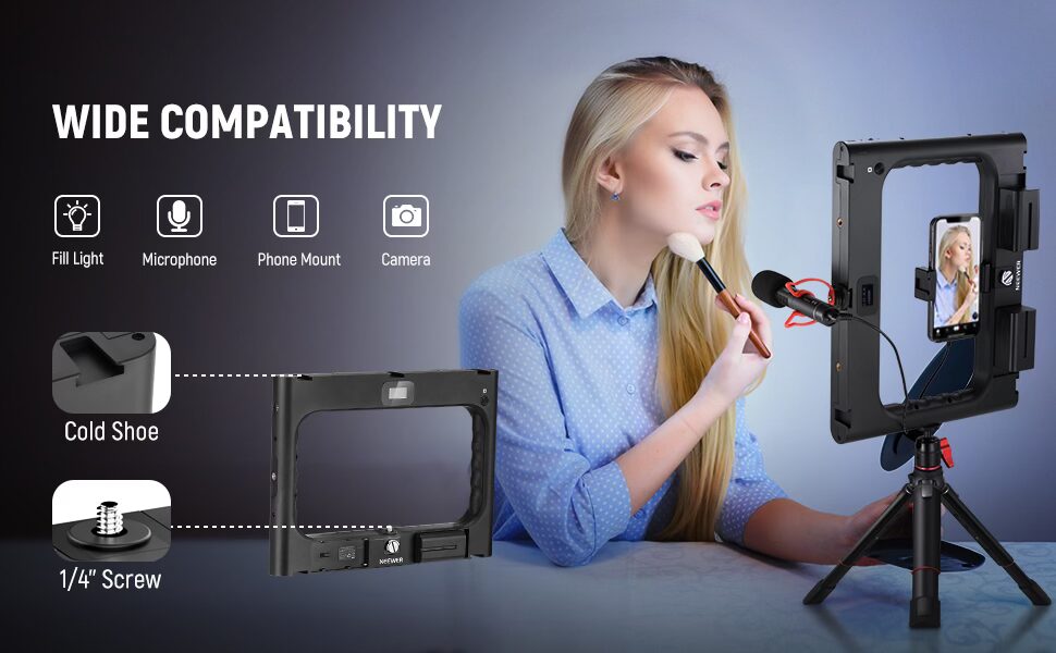 ریگ گوشی، لرزشگیر دوربین و موبایل و کیت محتوا سازی نیور به همراه نو LED مدل NEEWER RGB-A111 II Smartphone Video Rig with Light Kit