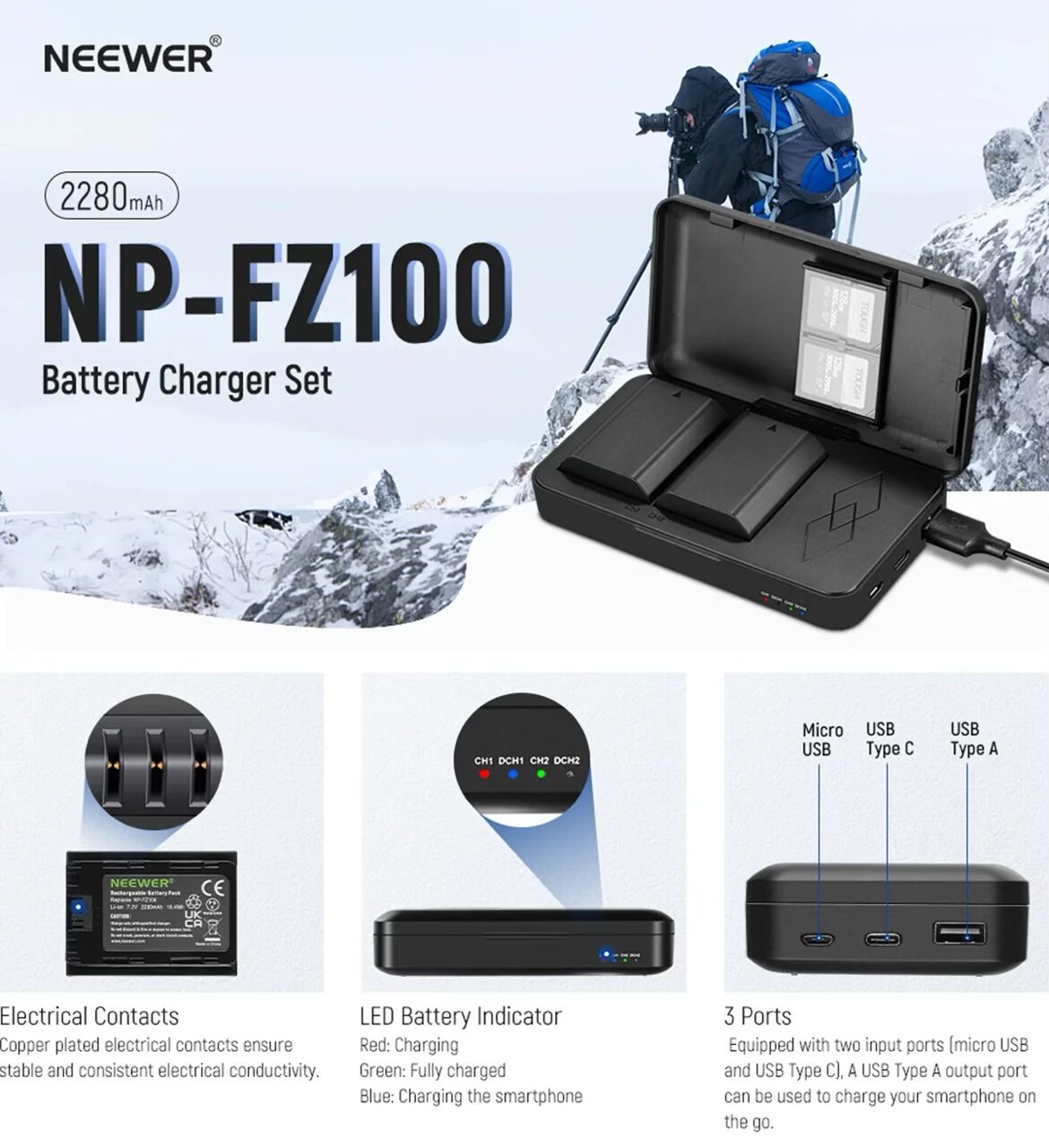 خرید و قیمت ست شارژر و باتری دوتایی سونی برای دوربین آلفا ۷ | NEEWER NP-FZ100 Sony Replacement Battery Charger Set for ZV-E10II A9III FX3 FX30 ZV-E1 A1 A6600 A6700 A7III A7IV A7C A7CII A7CR A7RIII A7RIV A7RV A7SIII A9 A9II cameras and VG-C3EM, VG-C4EM Grip