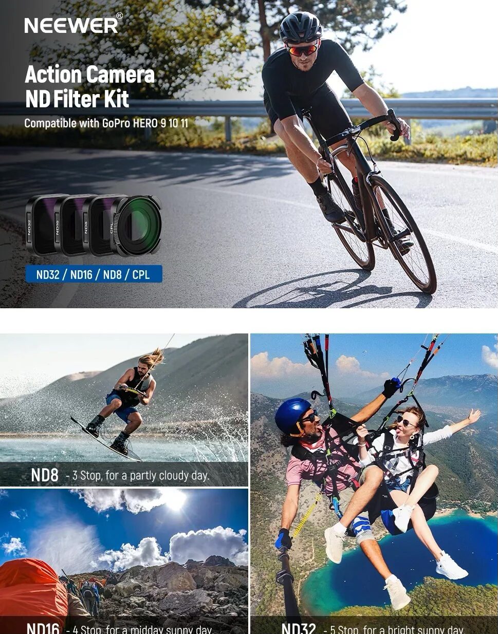 خرید ست فیلتر ۴ عددی ان دی ND برای گوپرو هیرو ۹ و ۱۰ و ۱۱ و ۱۲ برند نیور NEEWER 4 Pack ND Filter Set For GoPro Hero 9/10/11/12 Black