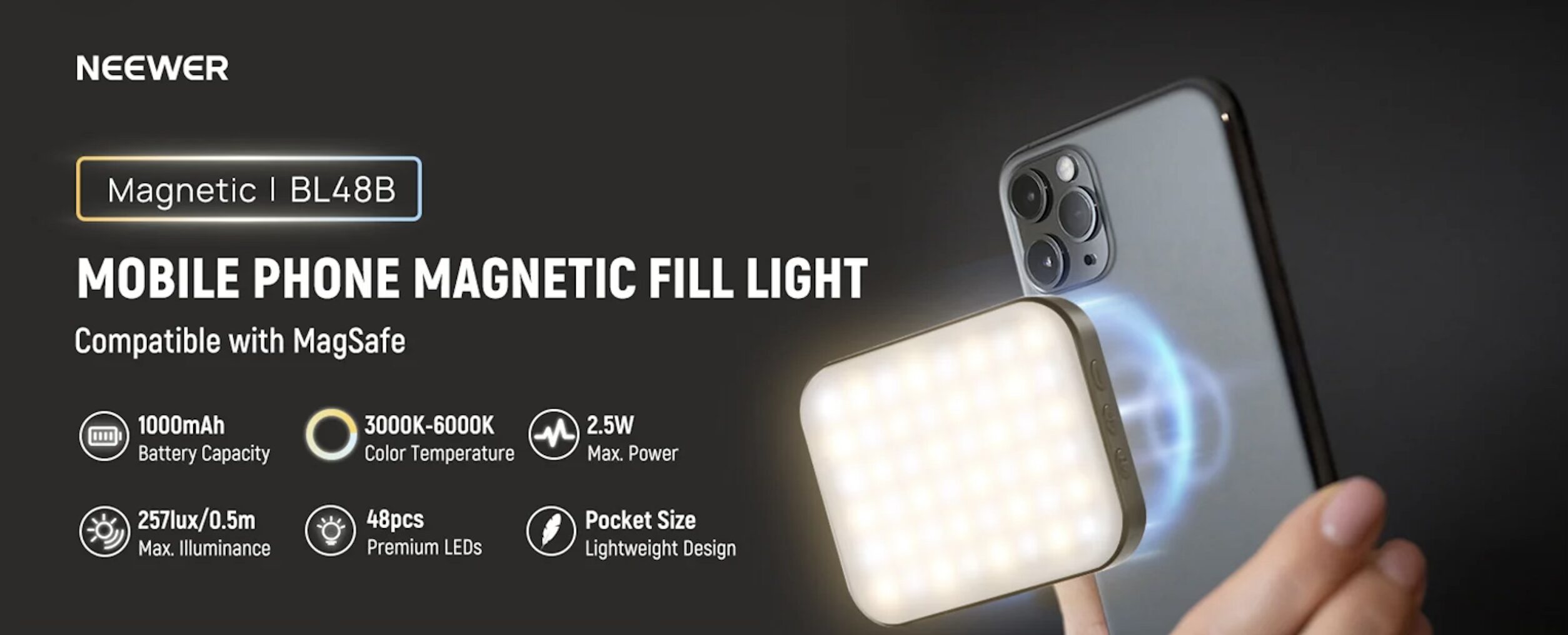 خرید ویدیو لایت و نور ال ای دی نیور قیمت سلفی لایت و نور ولاگینگ NEEWER BASICS BL48B Rechargeable Magnetic Selfie Light For MagSafe